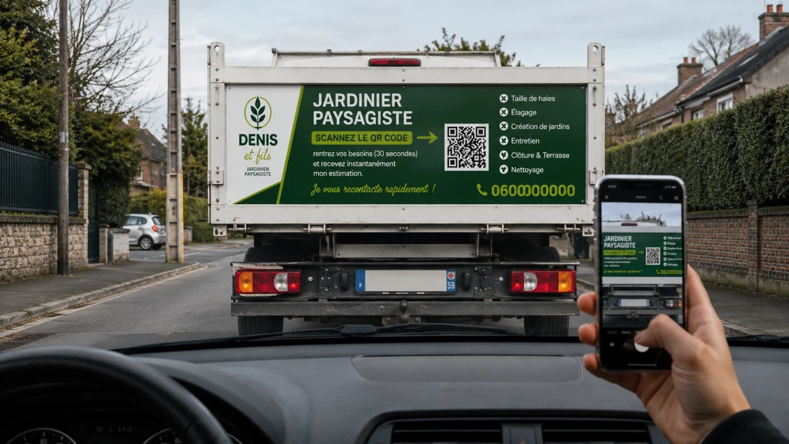 Camion professionnel Denis et fils avec QR code scanné par un smartphone
